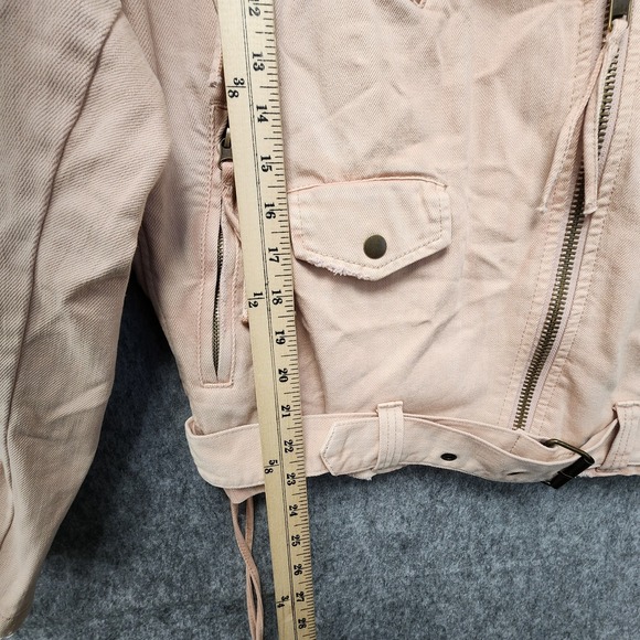 Free People Pink Denim Moto Oversized Jacket Womens Medium Lace Up Sides Zip Up - Picture 9 of 9